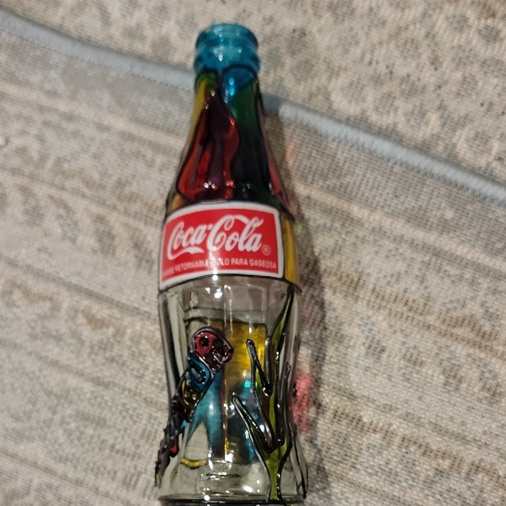 Coca Cola Glass Art Bottle with Red and Blue Accents - Picture 4 of 6